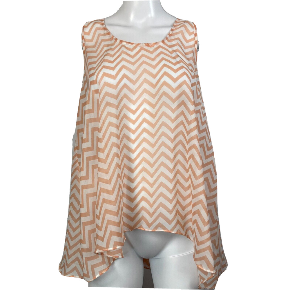 Umgee Shirt Womens Sz M Coral Orange Ivory Chevron Hi-Lo Sleeveless Ruffle Back‎
